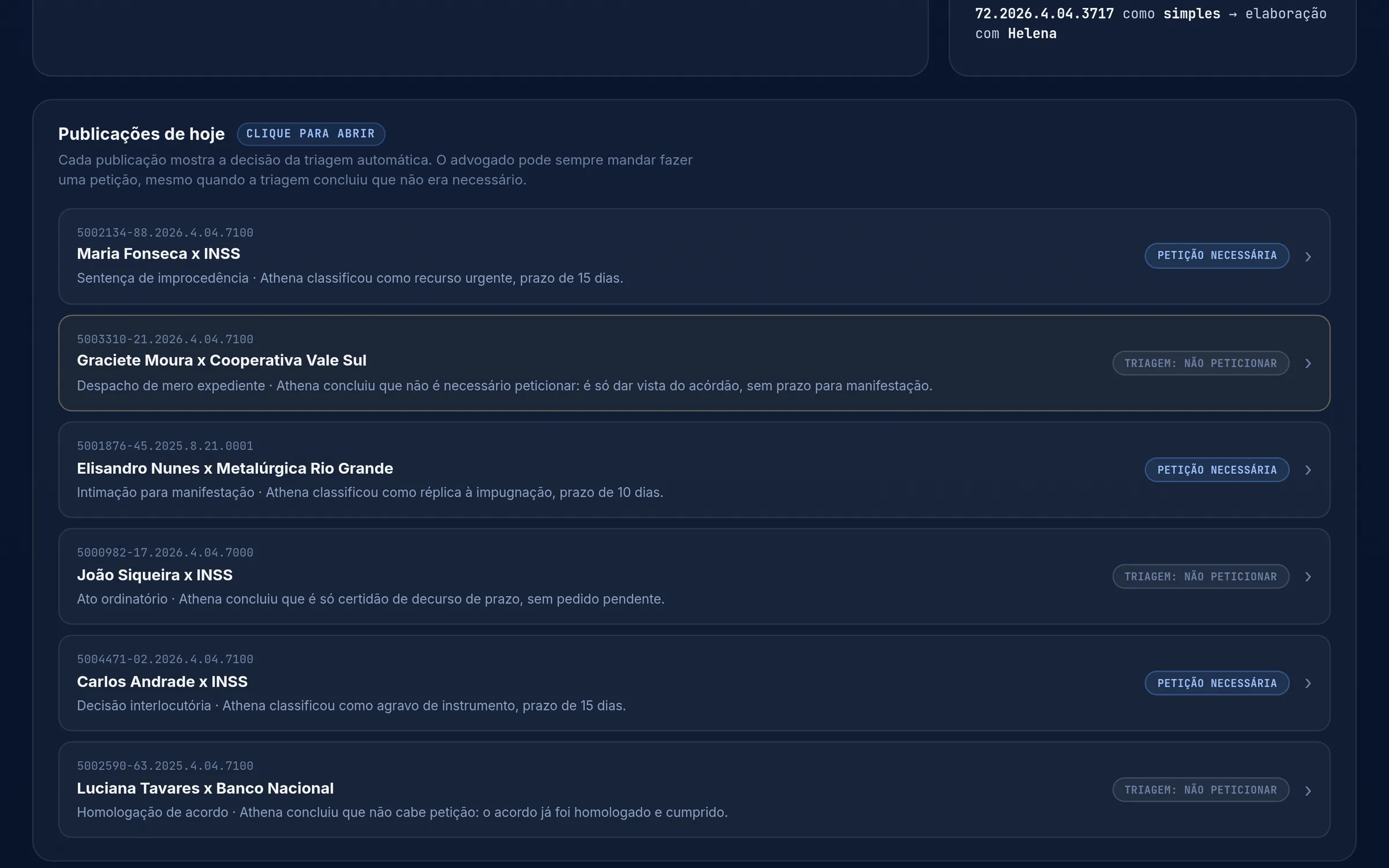 Lista de publicações do dia, cada uma com o número do processo, as partes e a decisão da triagem.