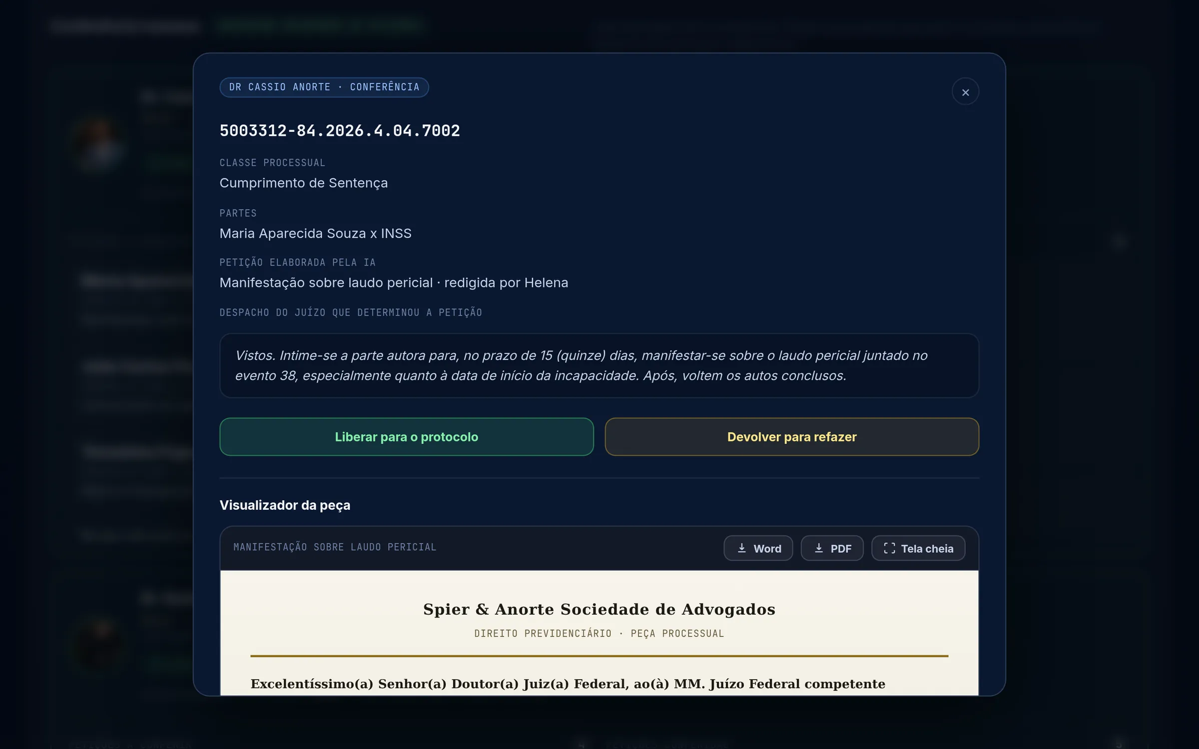 Tela de conferência do advogado com o processo, o despacho e os botões Liberar para o protocolo e Devolver para refazer.